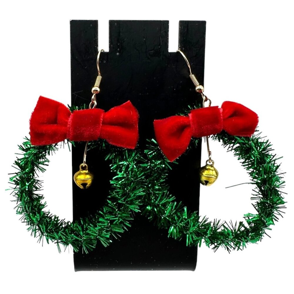 Festive Christmas Wreath Earrings Red Velvet Bows Holiday Jewelry For Women